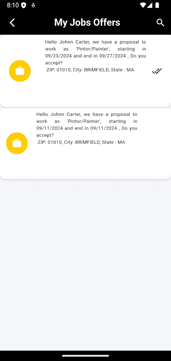 Job offers screen