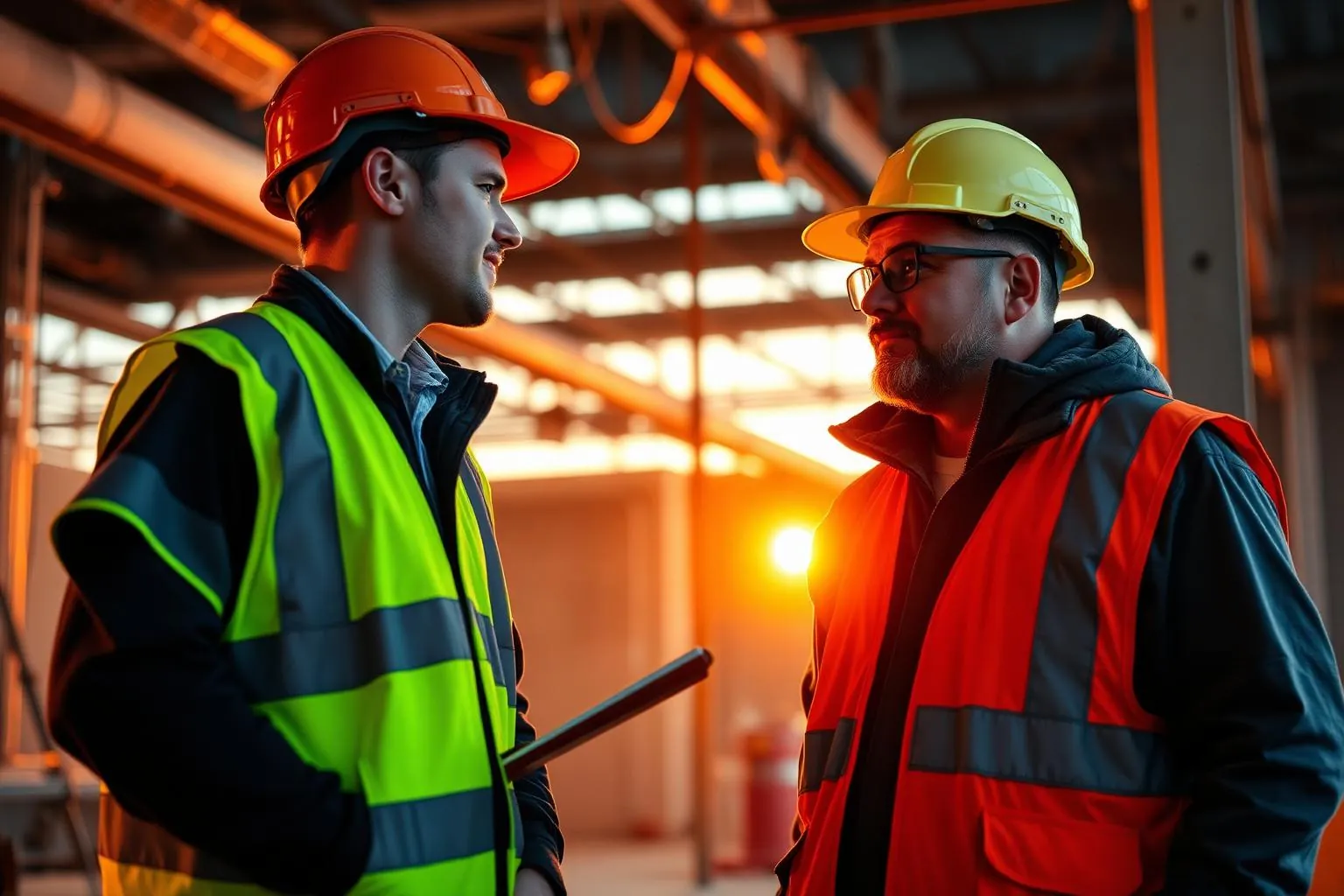 Construction apprentice in a hard hat and high-vis vest being mentored by an experienced journeyman tradesperson at a job site at golden hour
