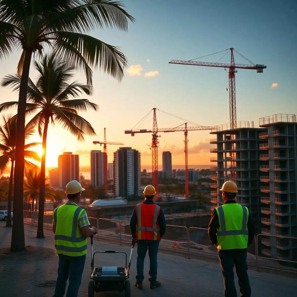 Construction workers in hard hats and high-vis vests on a Florida coastal job site at golden hour with palm trees, tower cranes and high-rises under construction