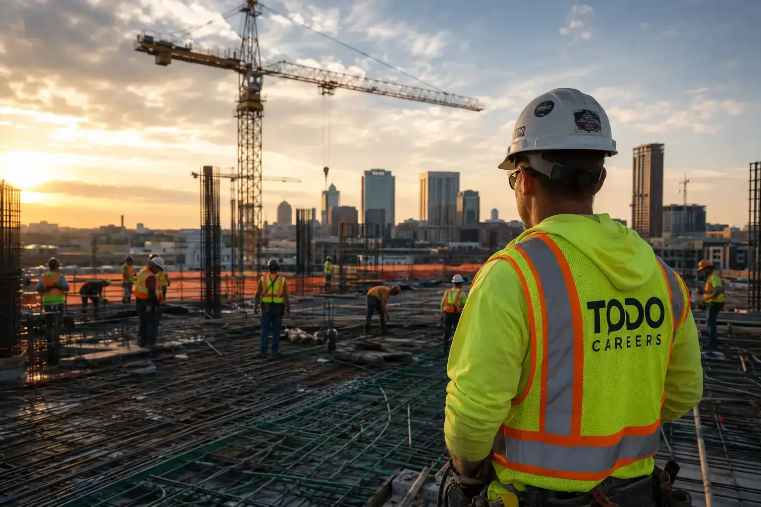 Construction workers on a job site in Virginia at sunrise