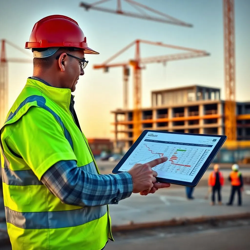 Construction project manager in a hard hat and high-vis vest reviewing a Gantt chart on a tablet at a construction site with cranes at golden hour