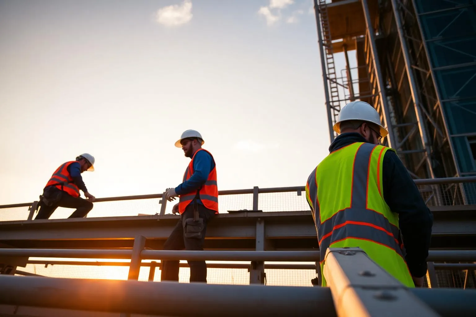 Construction workers in hard hats and high-visibility vests working safely on scaffolding at golden hour