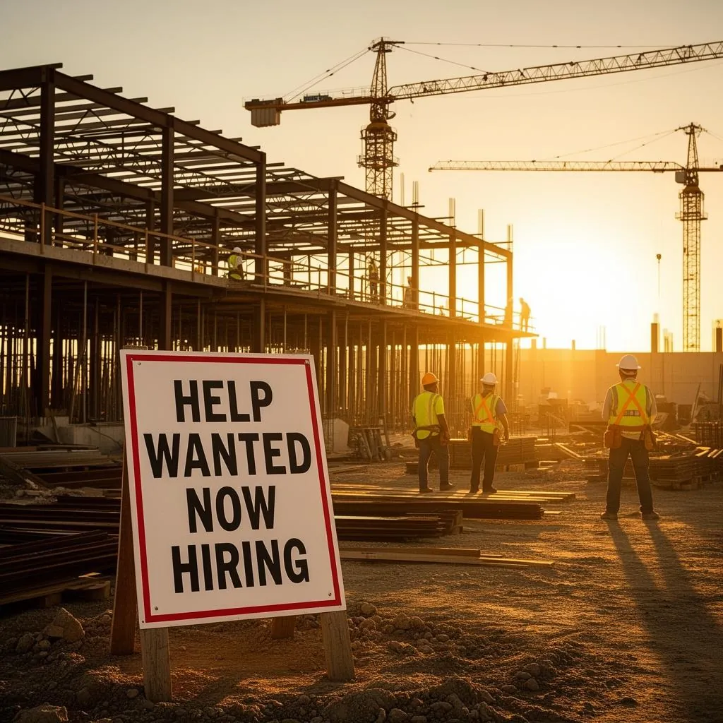 Construction site at golden hour with a Now Hiring sign and workers in safety gear