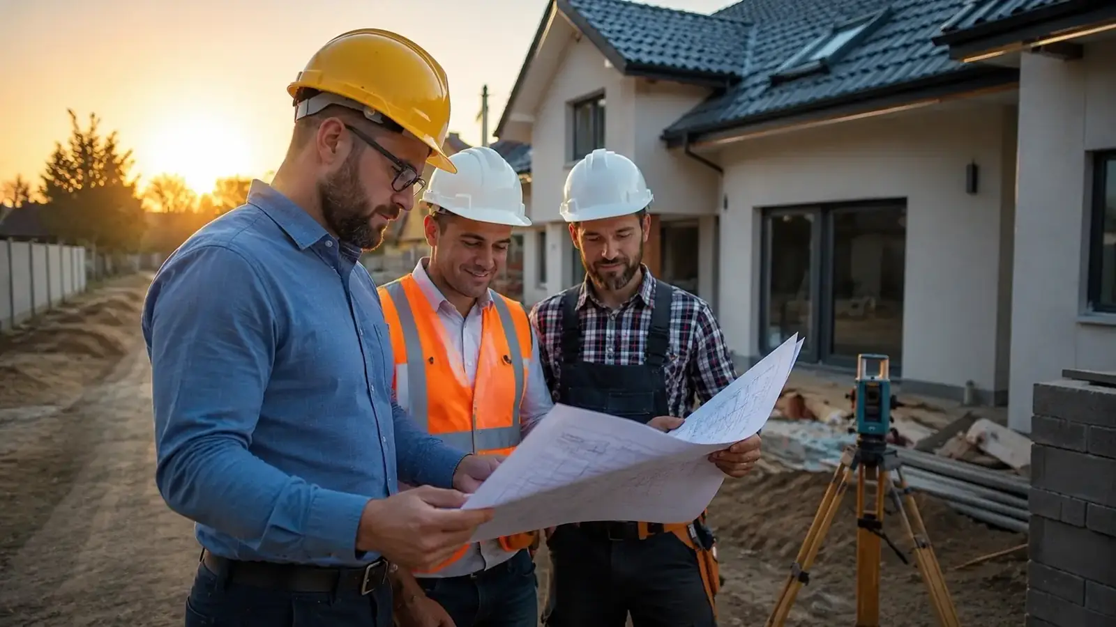 Contractors and construction professionals reviewing blueprints on a job site at sunset