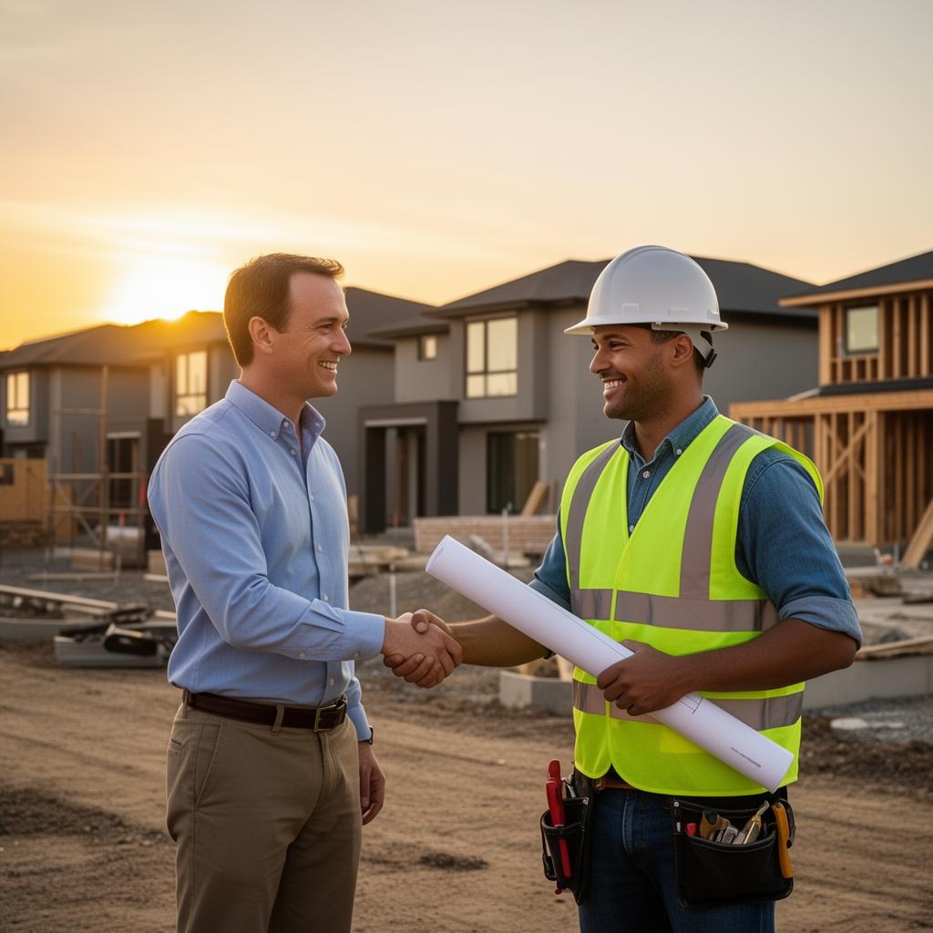 Contractors and construction professionals reviewing blueprints on a job site at sunset