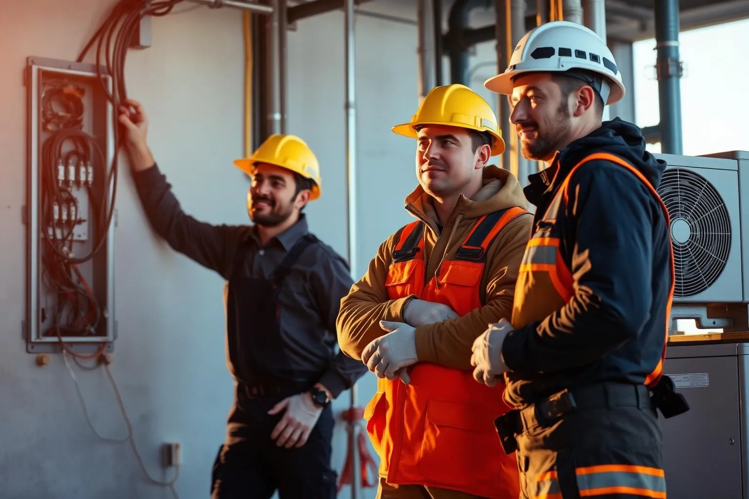 Electrician, plumber and HVAC technician in PPE working side by side on a modern construction site