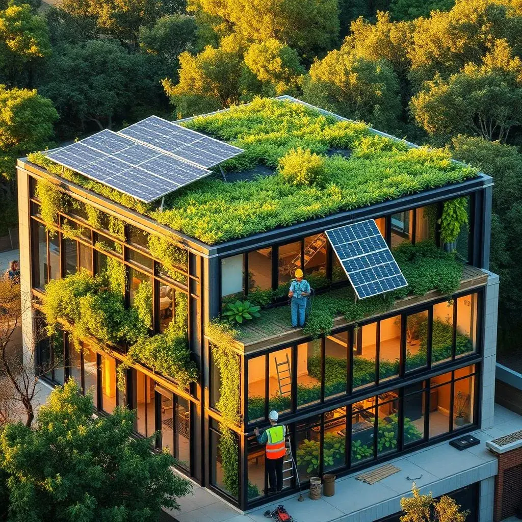 Modern sustainable building under construction with rooftop solar panels, green living walls and workers installing eco-friendly systems at golden hour