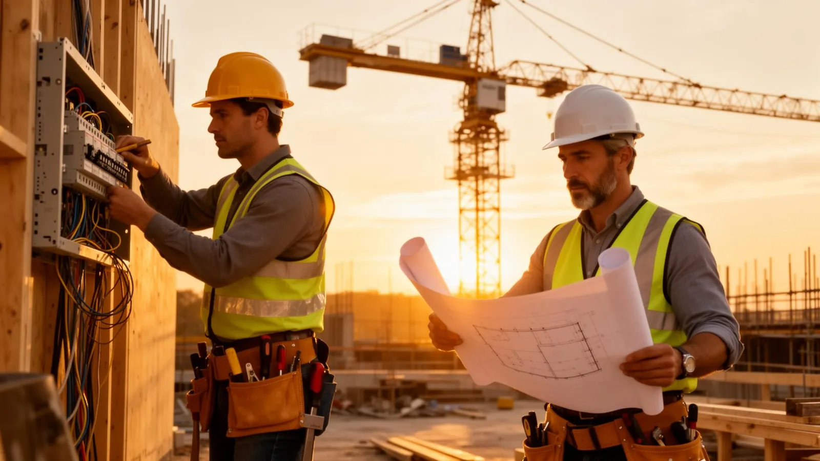 Construction professionals reviewing blueprints at a job site at golden hour with a crane in the background