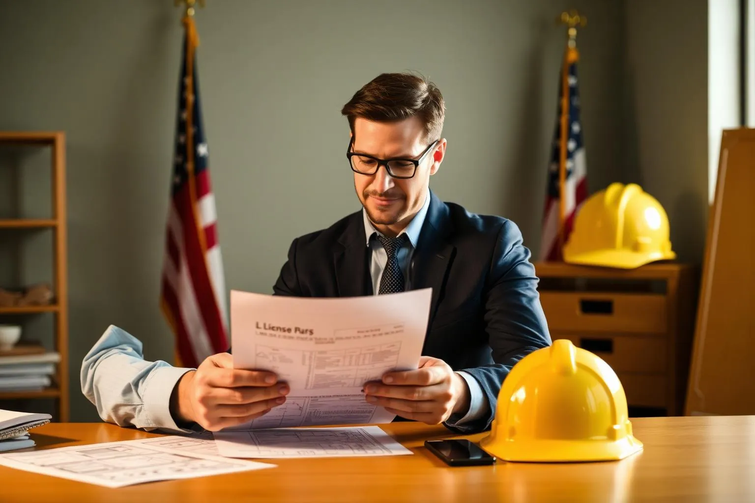 Contractor in business attire reviewing licensing documents and blueprints at a desk with a hard hat nearby