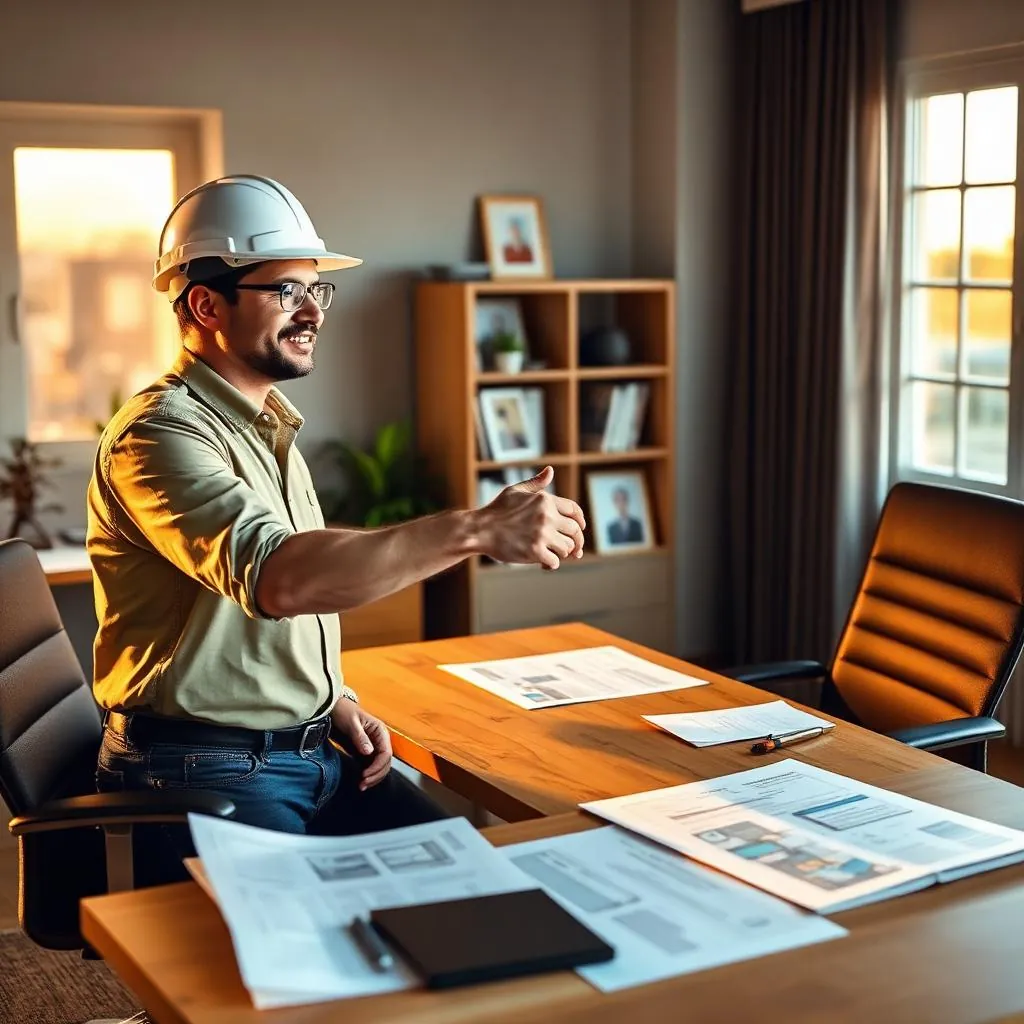 Construction worker in a hard hat smiling and shaking hands with a hiring manager across an office desk with paperwork and blueprints