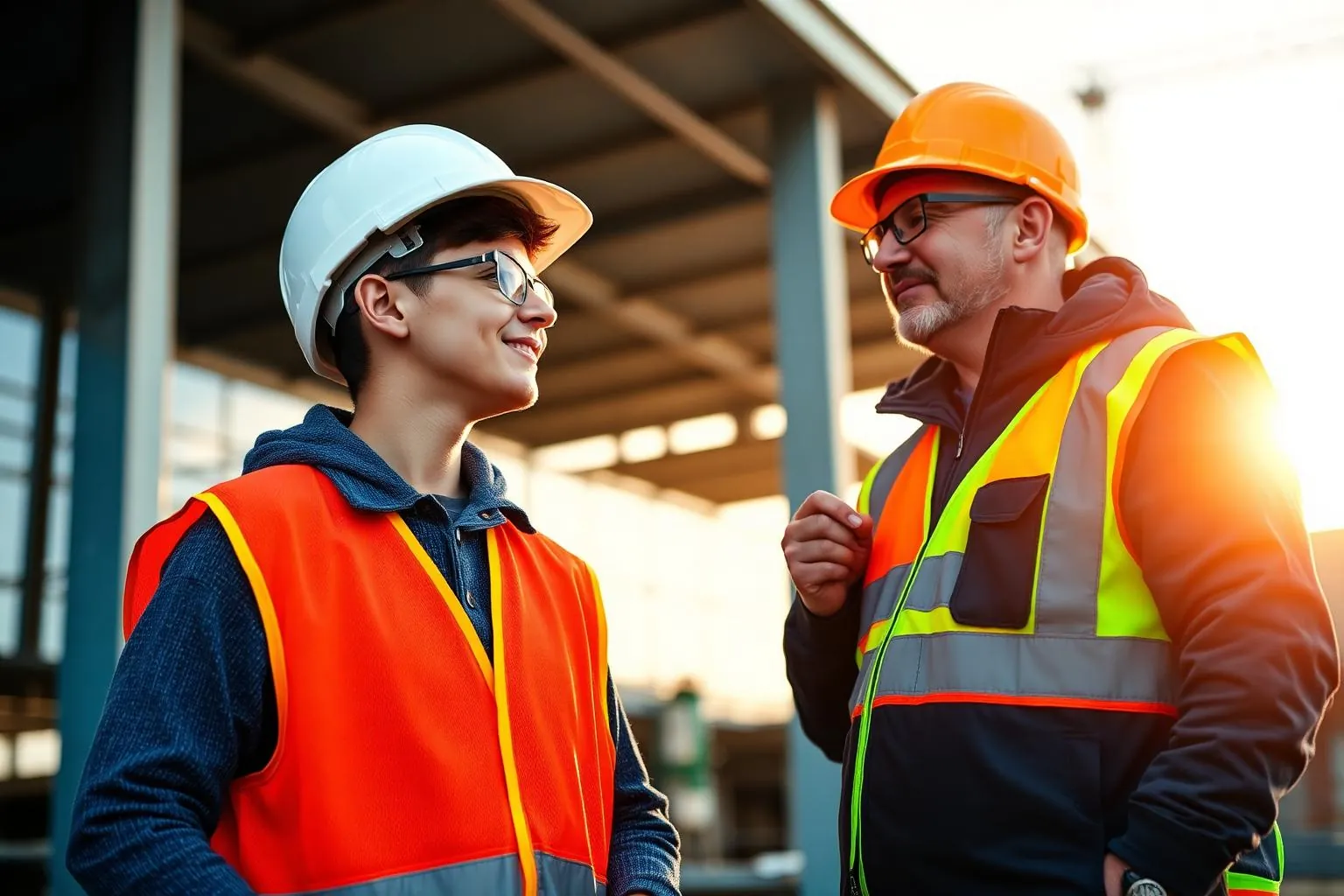 Young construction apprentice in PPE being mentored by an experienced tradesperson on a job site at golden hour