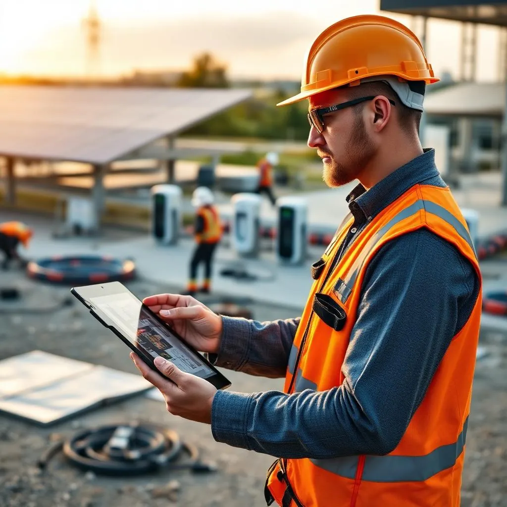 Construction worker in PPE reviewing a 3D BIM model on a tablet at a modern job site with solar panels and EV chargers in the background