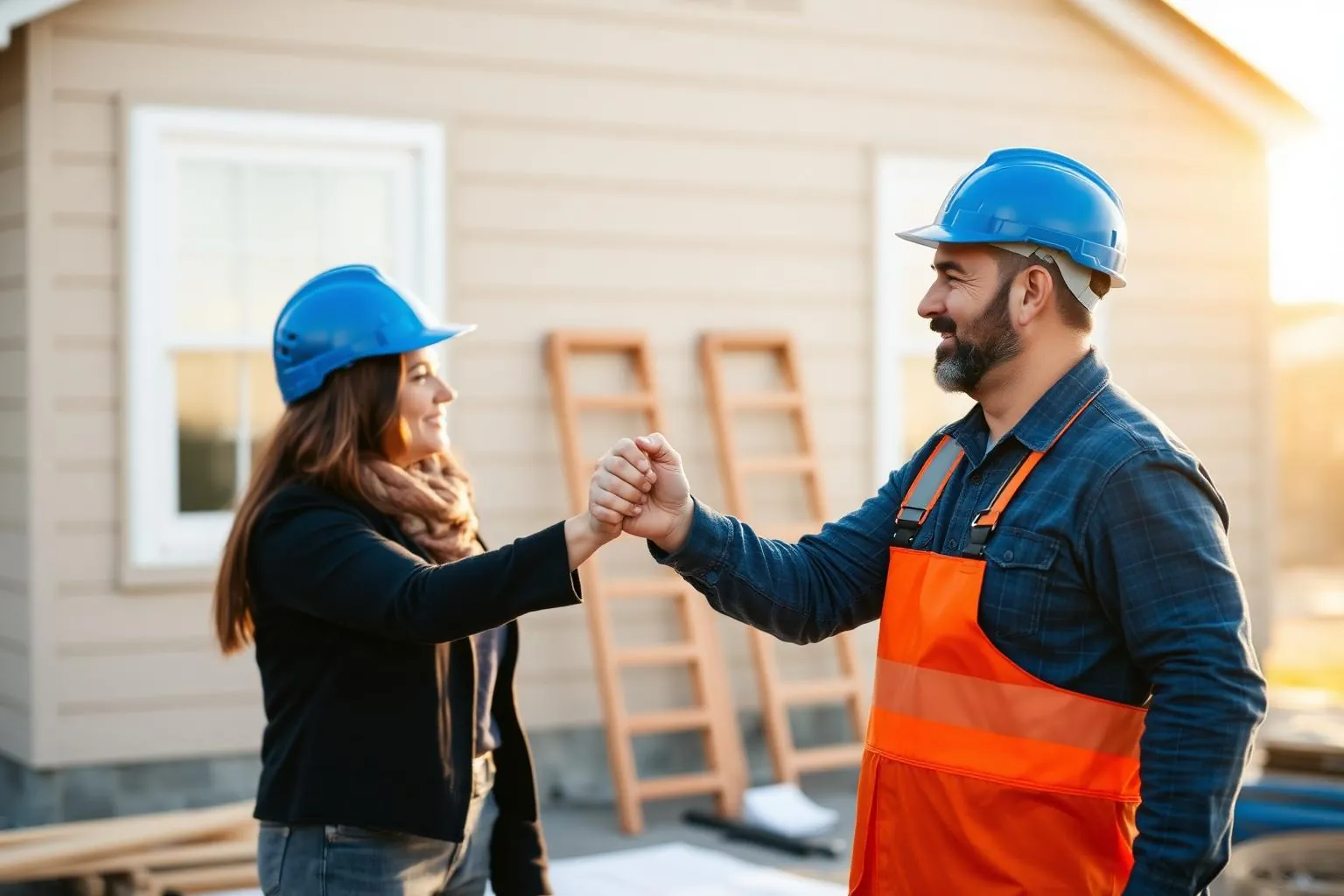 Homeowner shaking hands with a general contractor in a hard hat at a residential renovation site at golden hour
