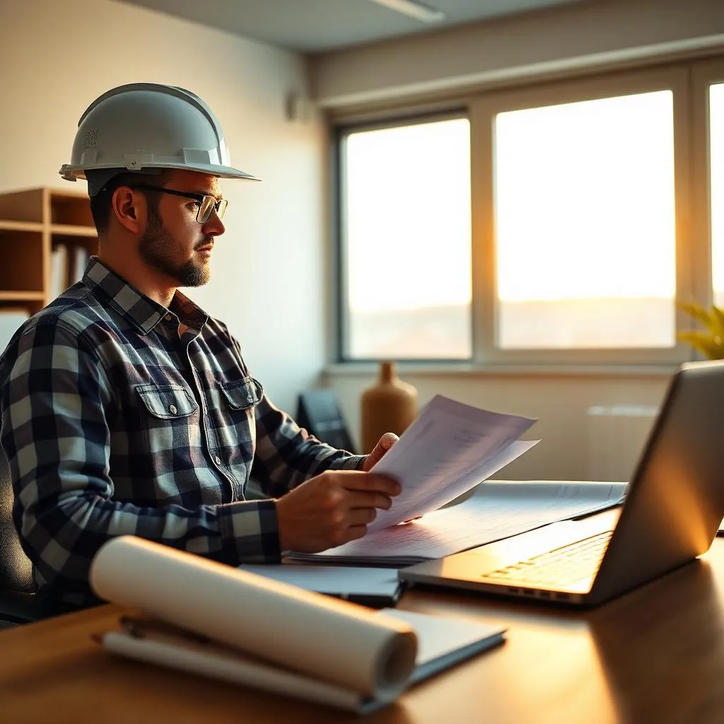 Contractor in a hard hat reviewing insurance documents at a desk with a laptop and blueprints in a sunlit office