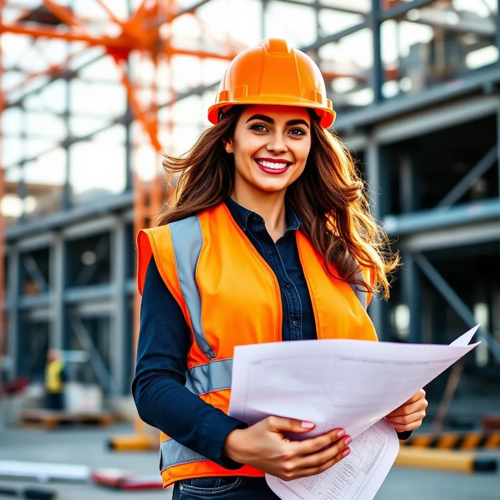 Confident woman in a hard hat and high-vis vest holding blueprints at a construction site with steel framework in the background at golden hour